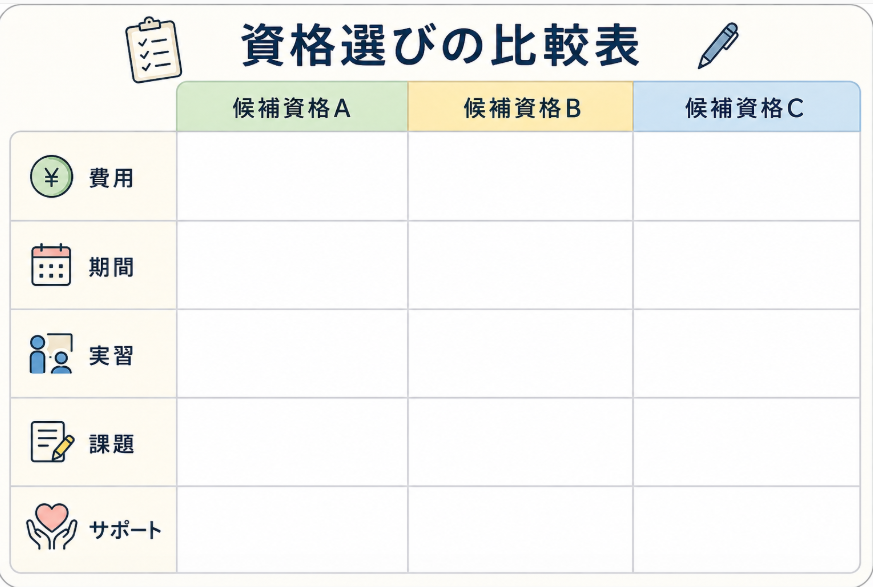 費用と実習と課題量を比較表で確認する