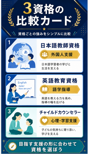 資格の種類 日本語教師資格英語教育資格チャイルドカウンセラーを比較する

