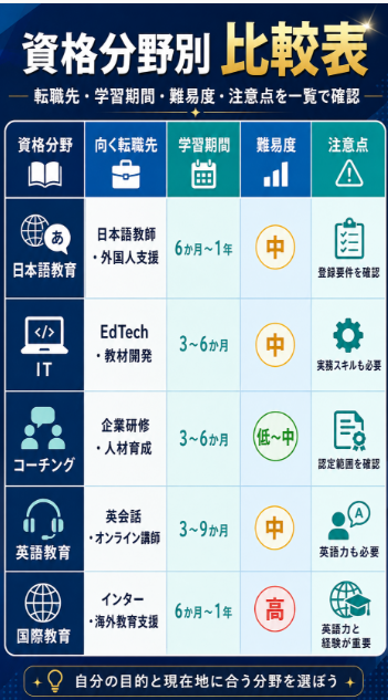 比較表で日本語教育ITコーチング英語教育国際教育資格を整理する