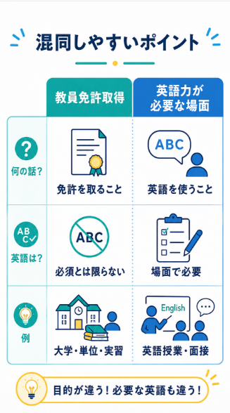 教員免許の取得と英語力が必要な場面は分けて考える
