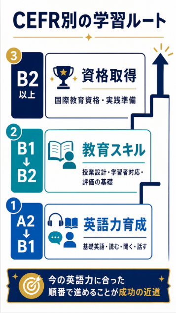 CEFRレベルに応じて英語力育成から国際教育資格取得まで段階的に学べる
