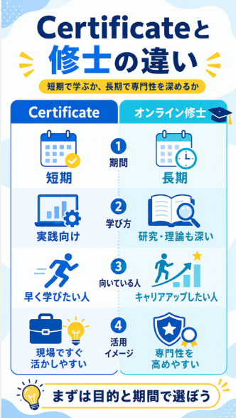 Certificateとオンライン修士の違いを確認する