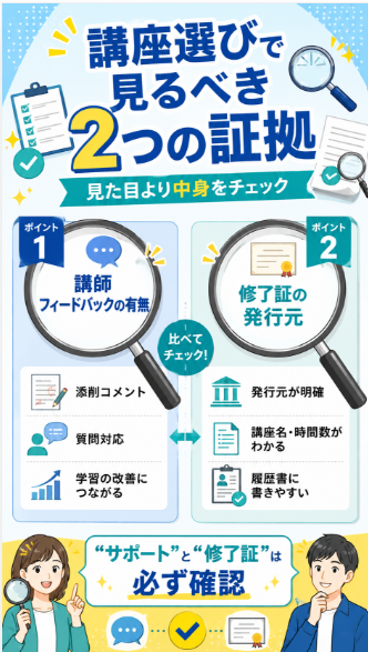 講師フィードバックと修了証の発行元を確認する
