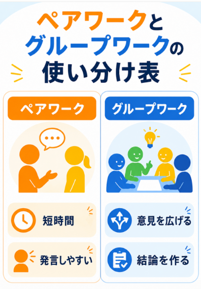 ペアワークとグループワークで全員が参加しやすい場を作る
